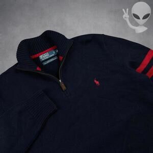 Polo Ralph Lauren Quarter Zip Sweater Medium Navy 90s striped Knit Pullover VTG